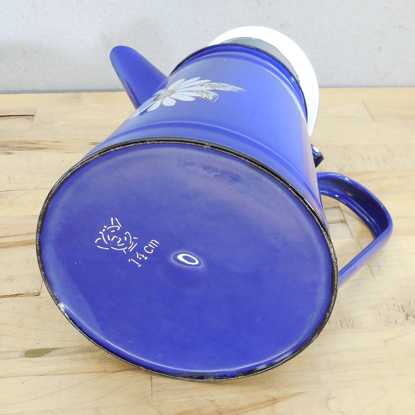 Huta Silesia Poland Daisy Flower Blue Enamelware Coffee Pot Stovetop signed