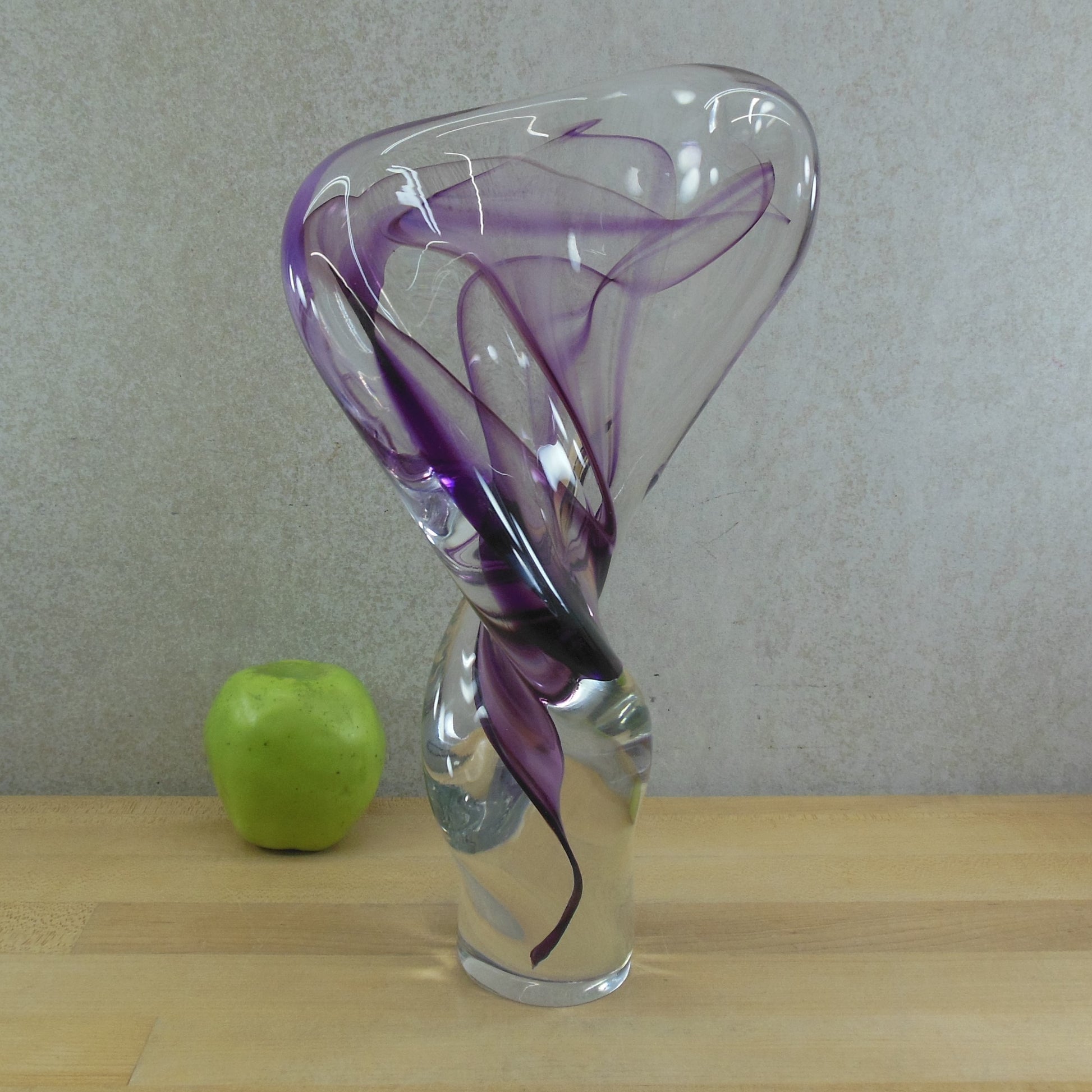 David Goldhagen Signed 1991 Art Glass Twist Sculpture Purple Clear 13"