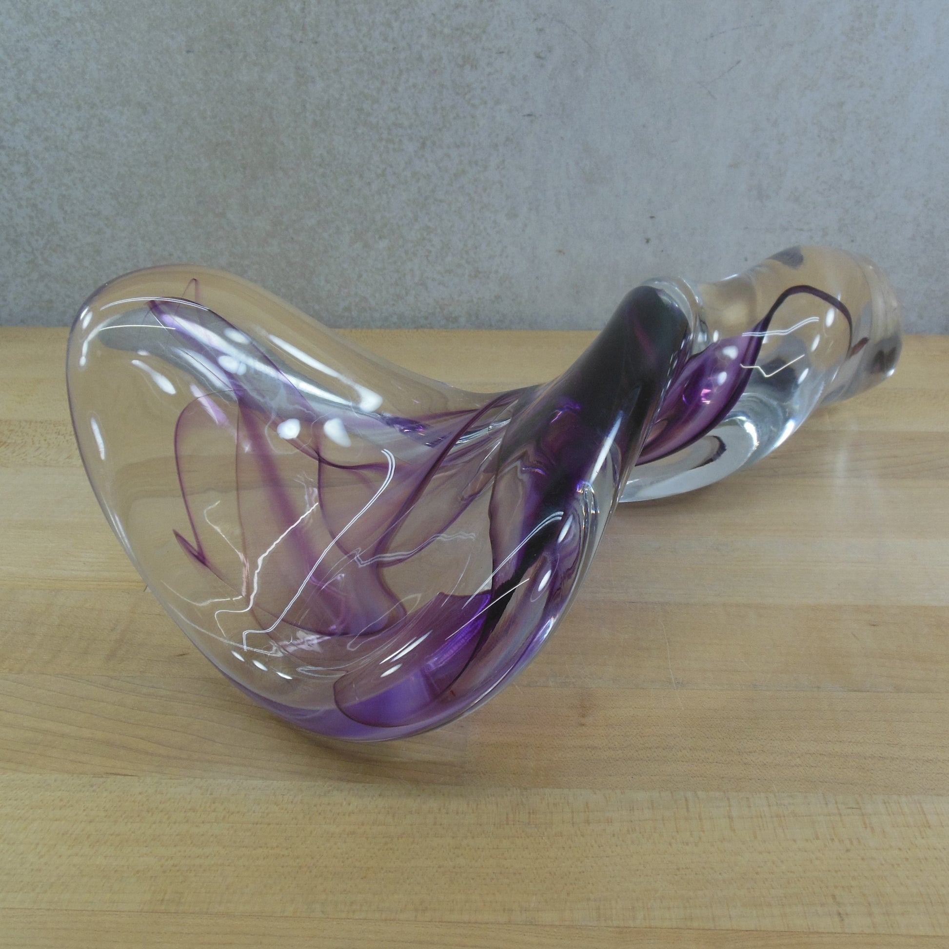 David Goldhagen Signed 1991 Art Glass Twist Sculpture Purple Clear 13" Organic Free Form