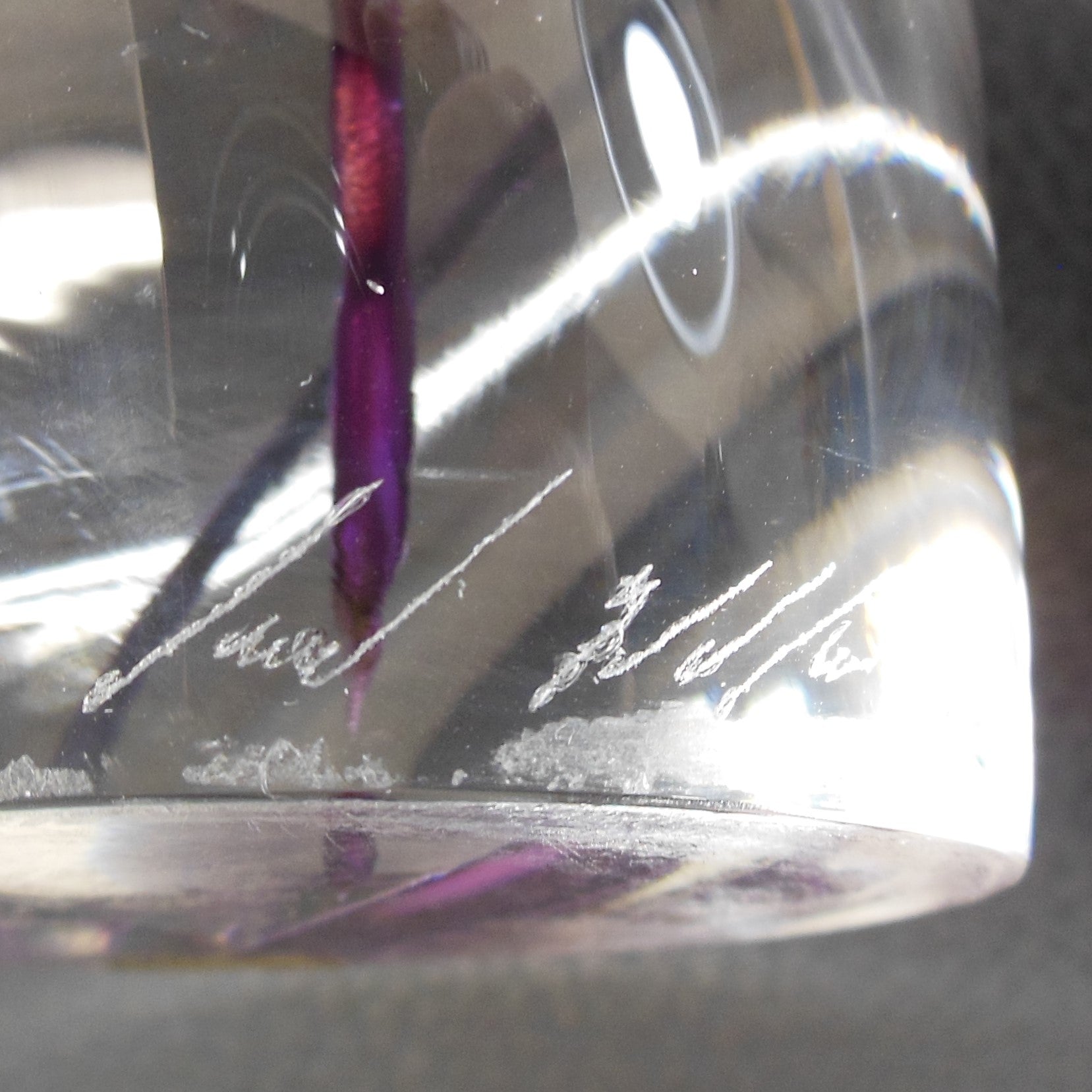 David Goldhagen Signed 1991 Art Glass Twist Sculpture Purple Clear 13" signature