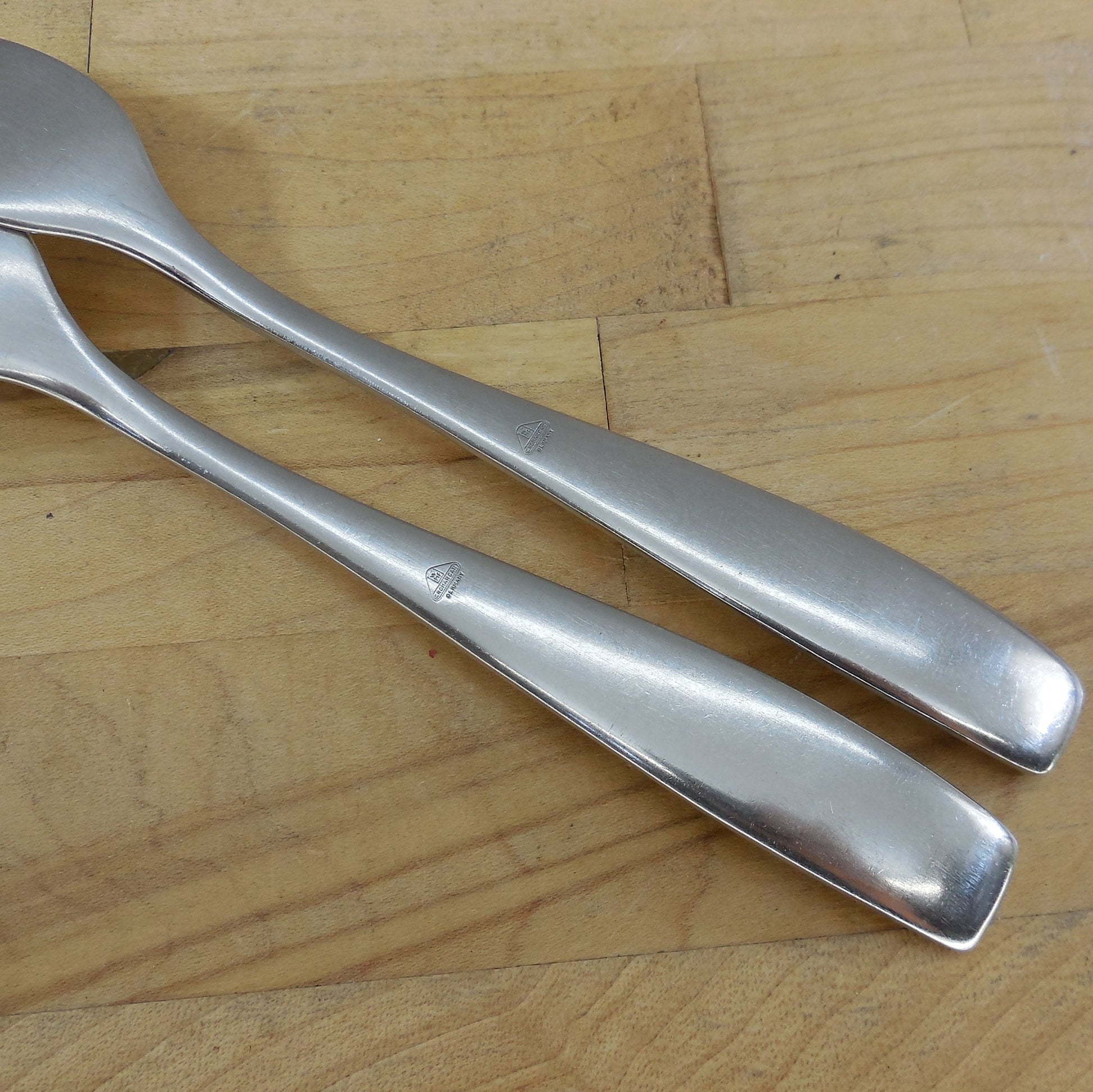 WMF Germany Older Line Cromargan Stainless Pair Dinner Forks vintage triangle mark
