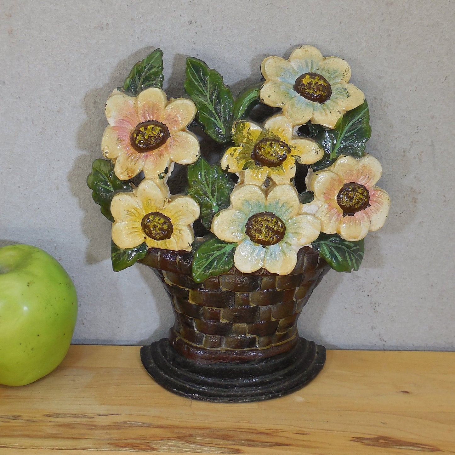 Unbranded Polychrome Flowers in Basket Door Stop Cast Iron