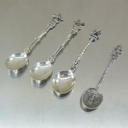 Estate 4 Lot 835 or 925 Silver Souvenir Spoons Spinning Windmill Figural