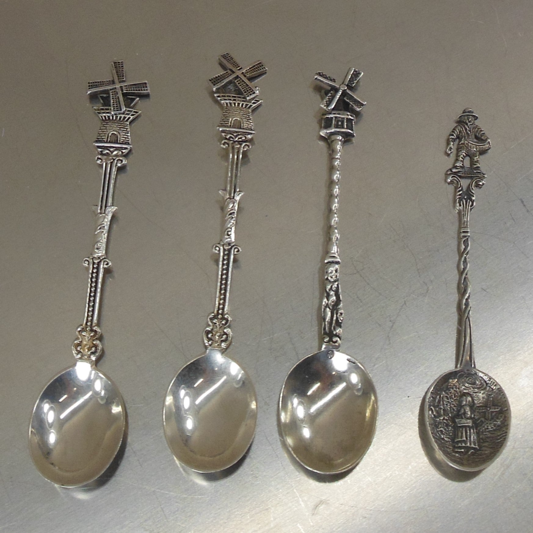 Estate 4 Lot 835 or 925 Silver Souvenir Spoons Spinning Windmill Figural Vintage
