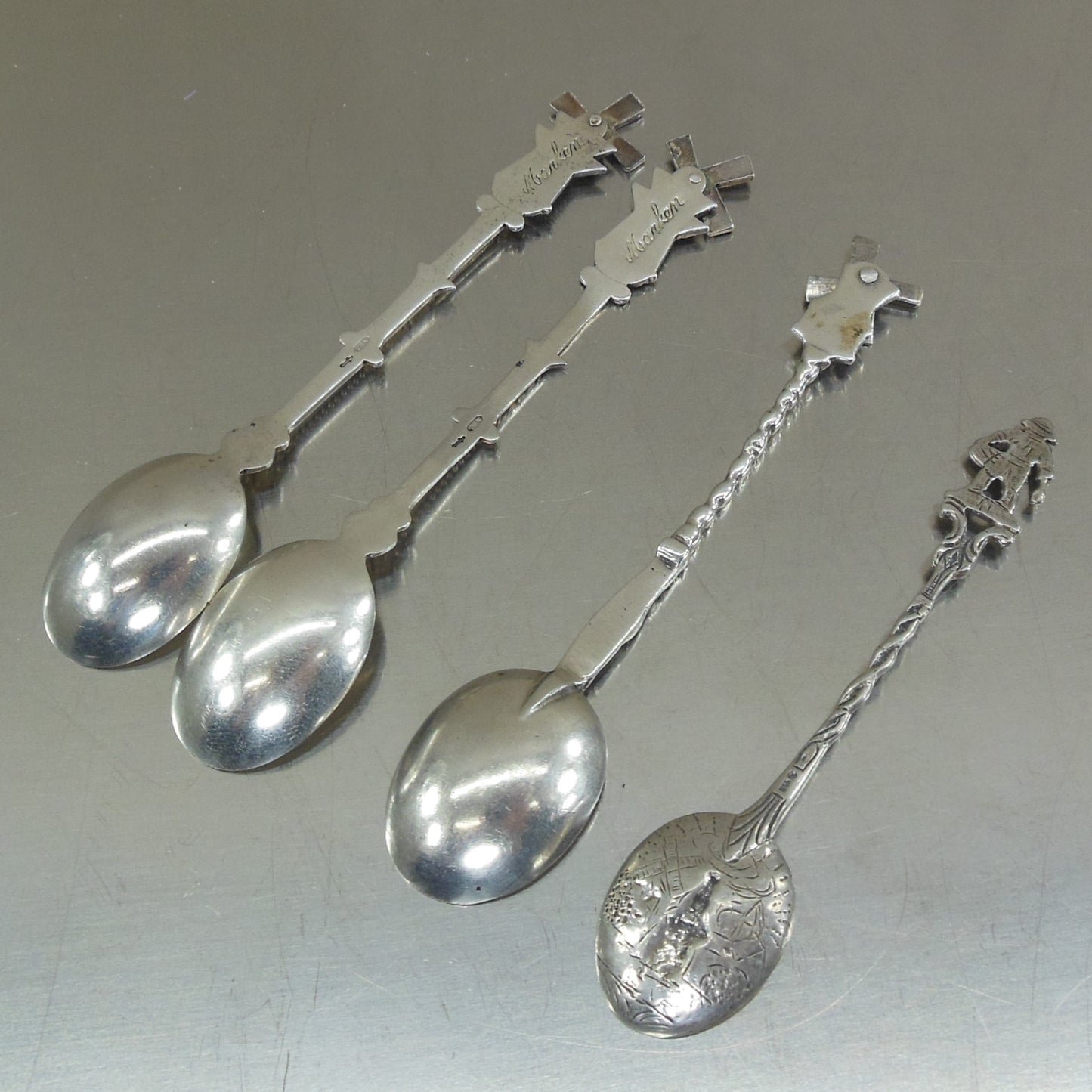 Estate 4 Lot 835 or 925 Silver Souvenir Spoons Spinning Windmill Figural man Woman