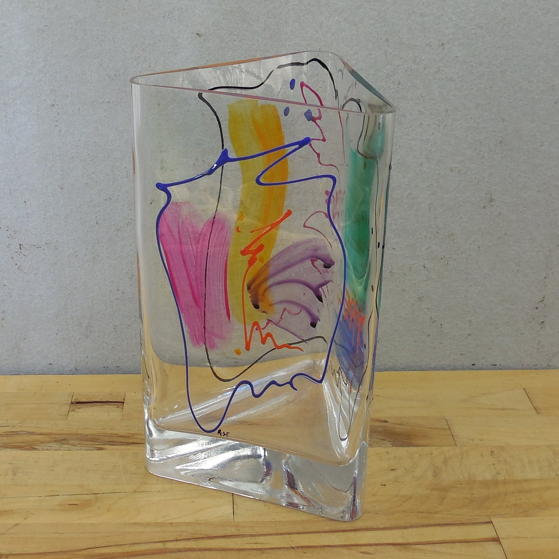 Post Modern Memphis Style Triangular Art Glass Vase Signed R.SE Multicolor