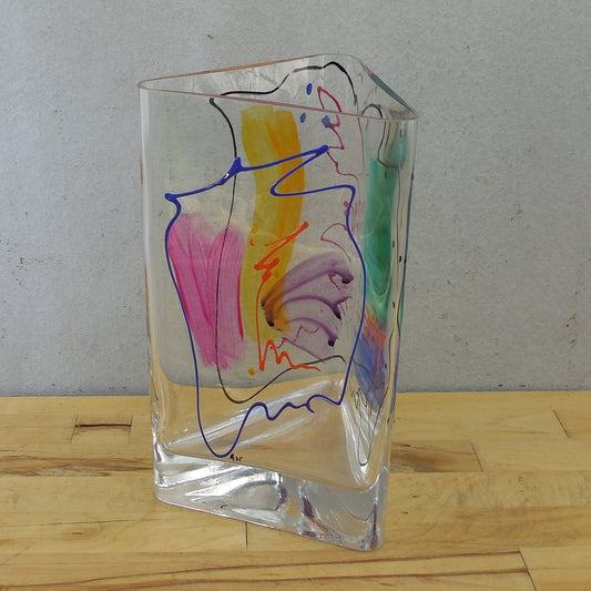 Post Modern Memphis Style Triangular Art Glass Vase Signed R.SE Multicolor