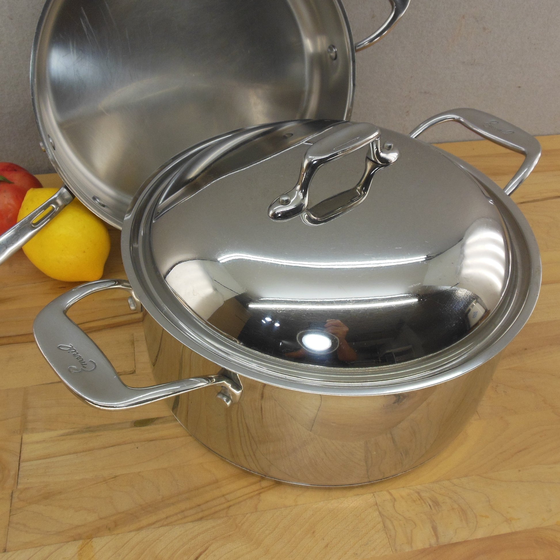 Emeril Stainless Saute Pan 3 Qt. & Stock Pot 6 Qt. Shared Lid Cover Metal
