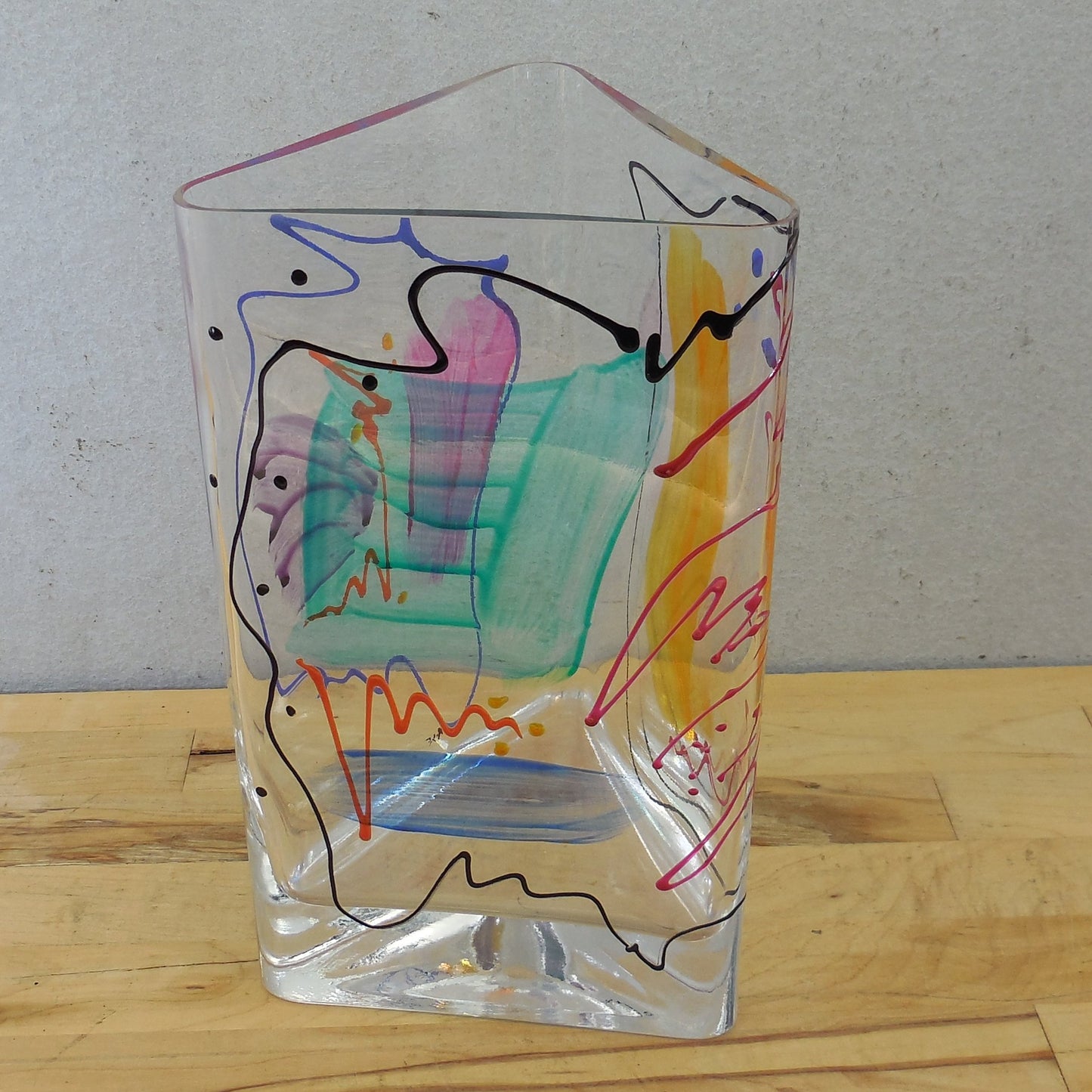 Post Modern Memphis Style Triangular Art Glass Vase Signed R.SE Multicolor