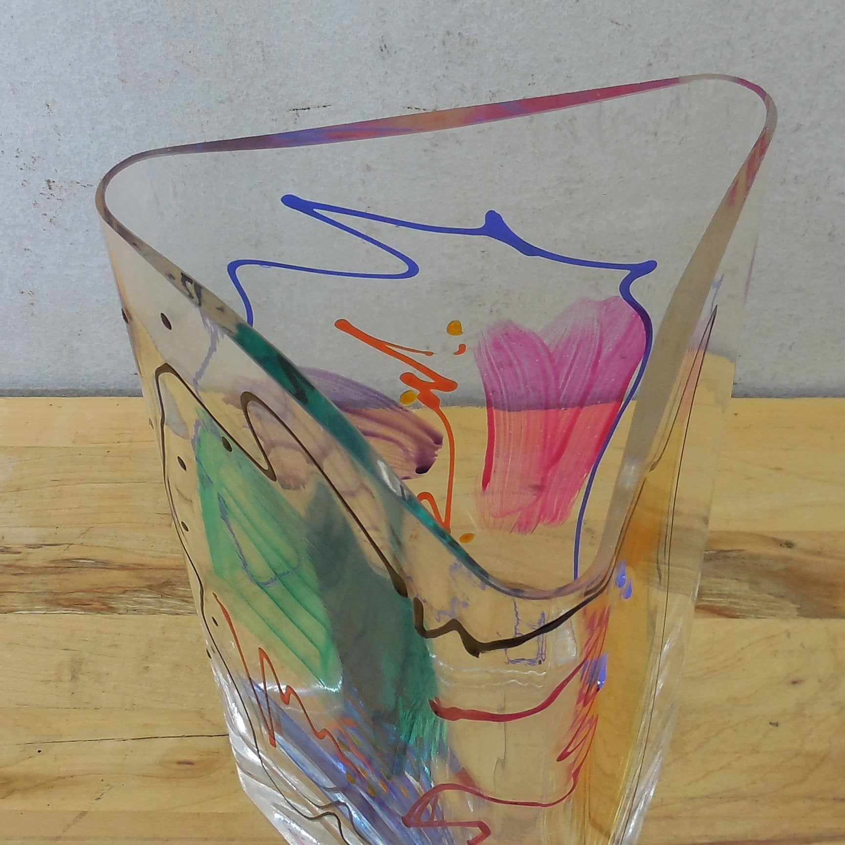 Post Modern Memphis Style Triangular Art Glass Vase Signed R.SE Multicolor 10.5"