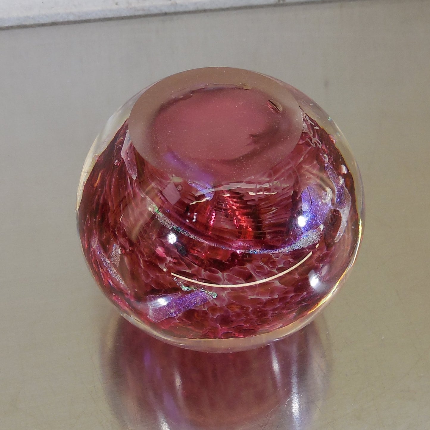 Ed Kozlowski Jr. 1994 Signed Dichroic Blown Art Glass Paperweight Cranberry ground bottom