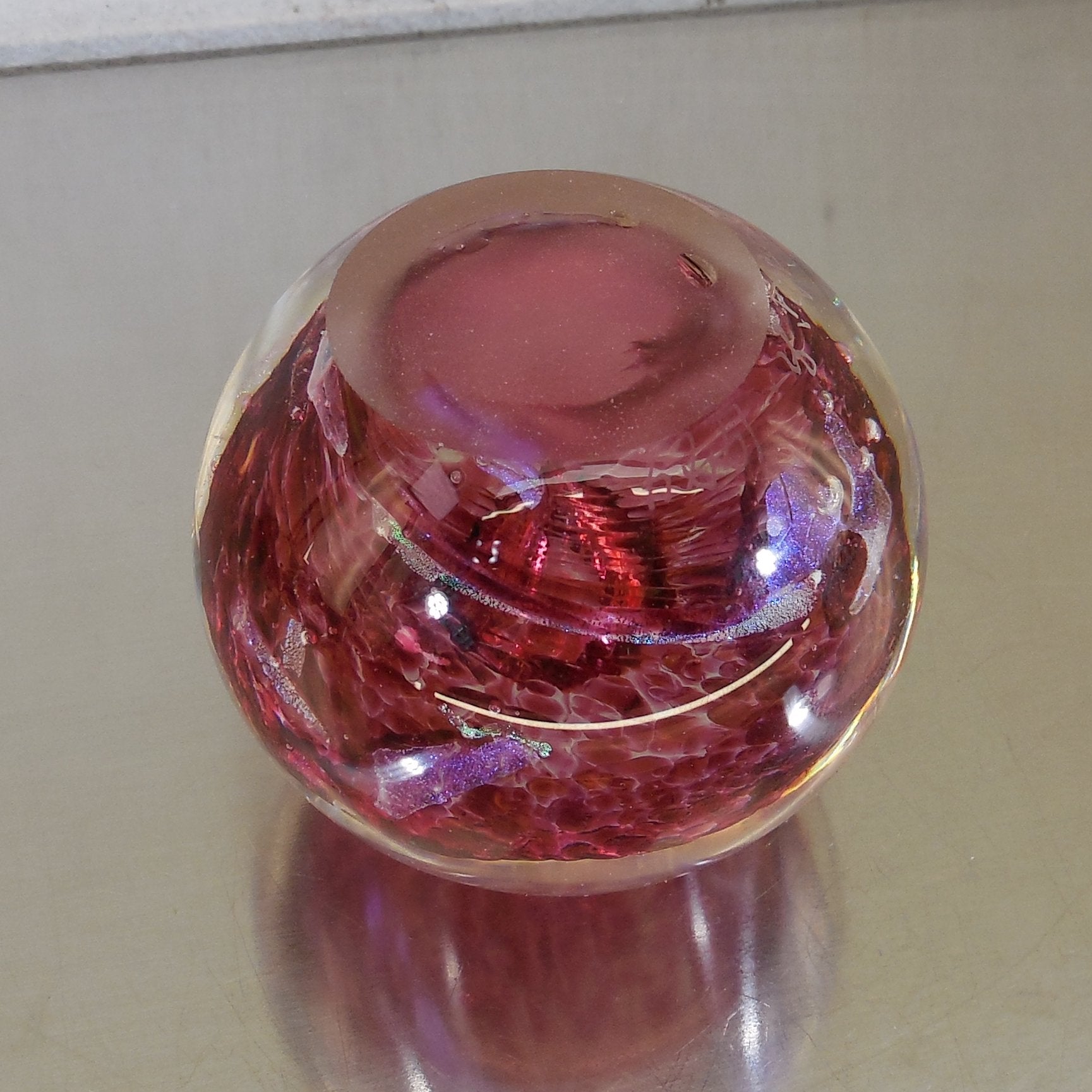 Ed Kozlowski Jr. 1994 Signed Dichroic Blown Art Glass Paperweight Cranberry ground bottom