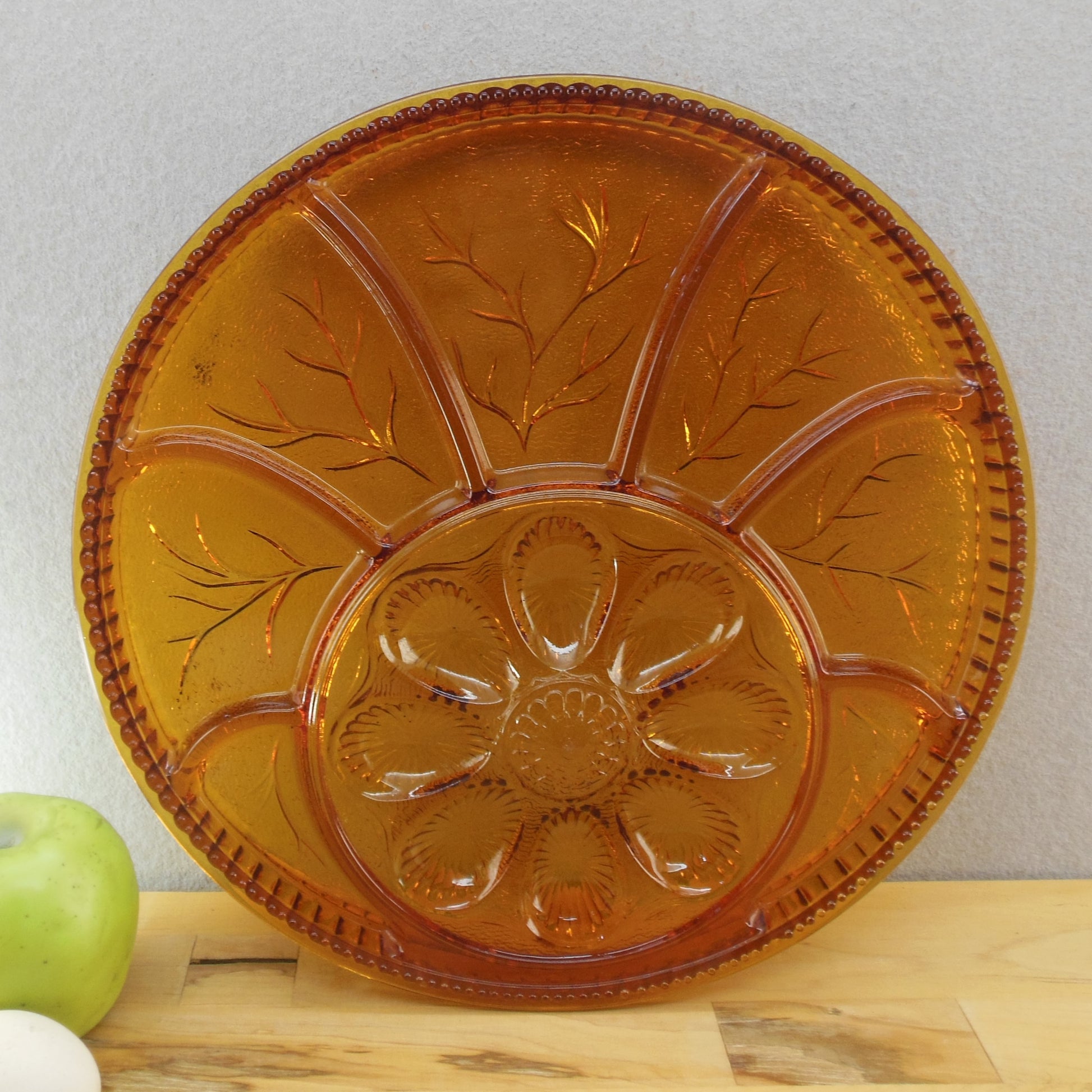 Indiana Glass Amber Pebble Leaf Deviled Egg Relish Appetizer Platter