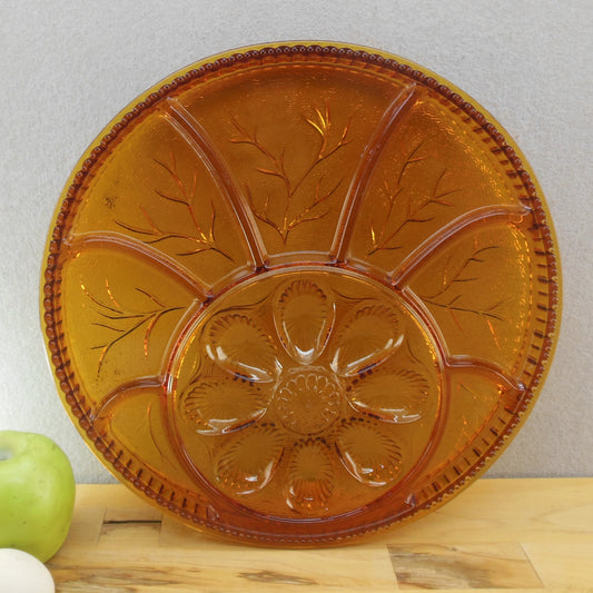 Indiana Glass Amber Pebble Leaf Deviled Egg Relish Appetizer Platter