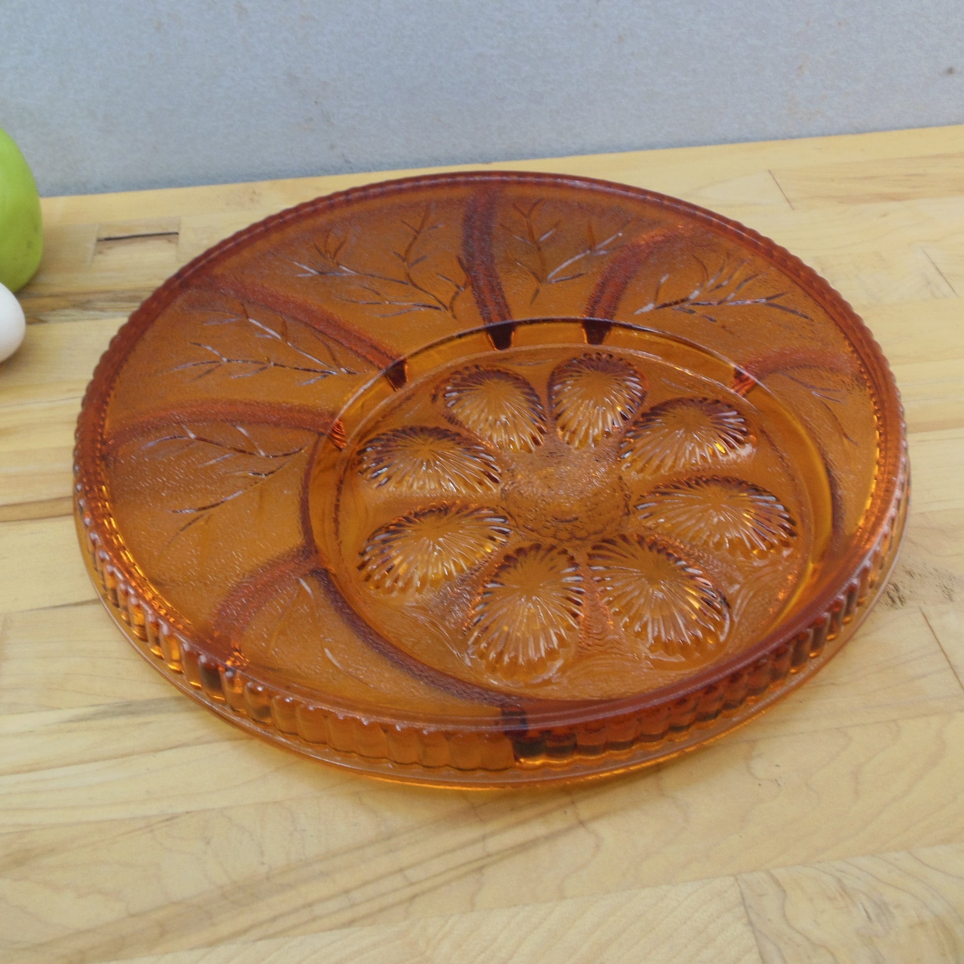 Indiana Glass Amber Pebble Leaf Deviled Egg Relish Appetizer Platter Used
