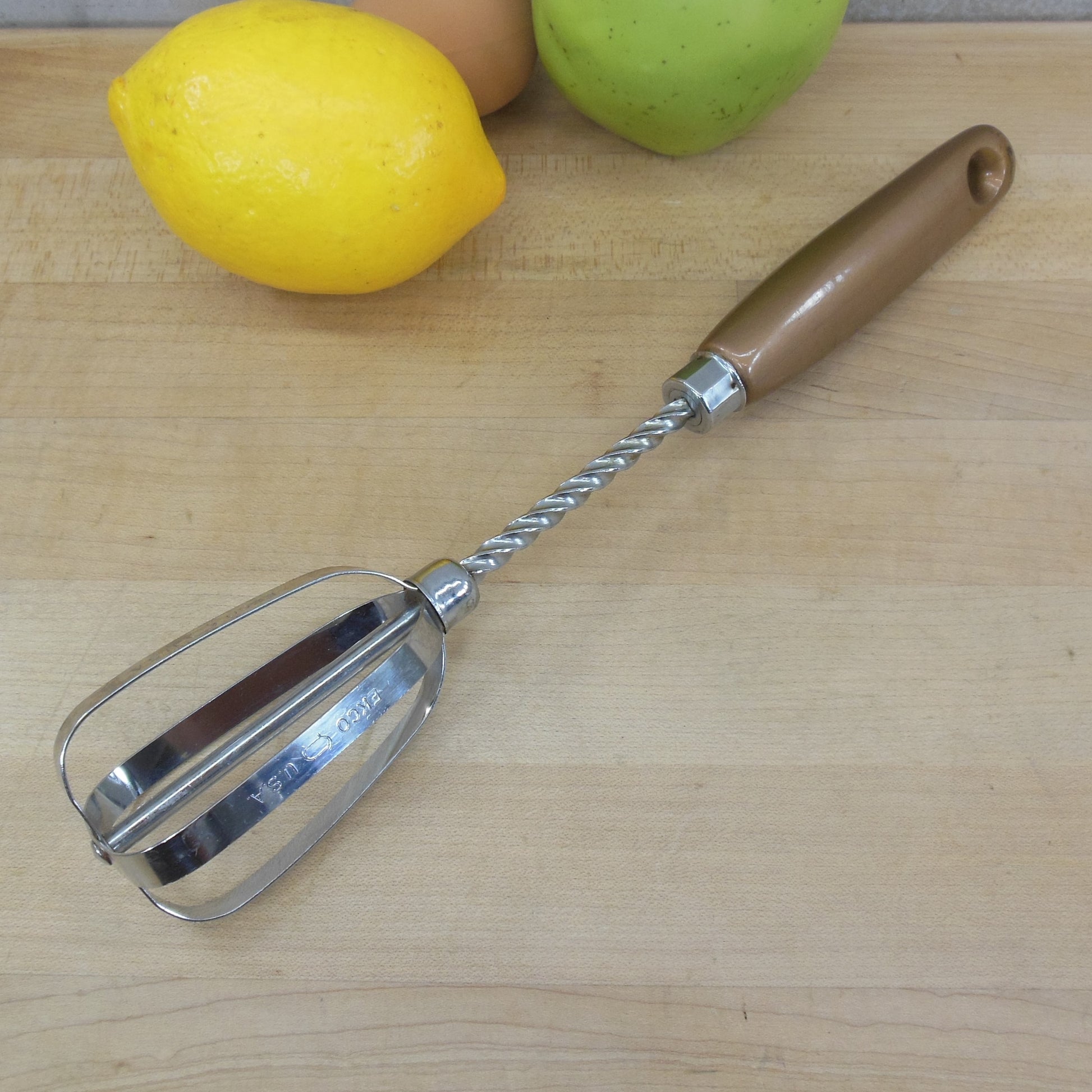 Ekco USA Spring Push Egg Beater Hand Mixer Stainless Gold Wood Vintage