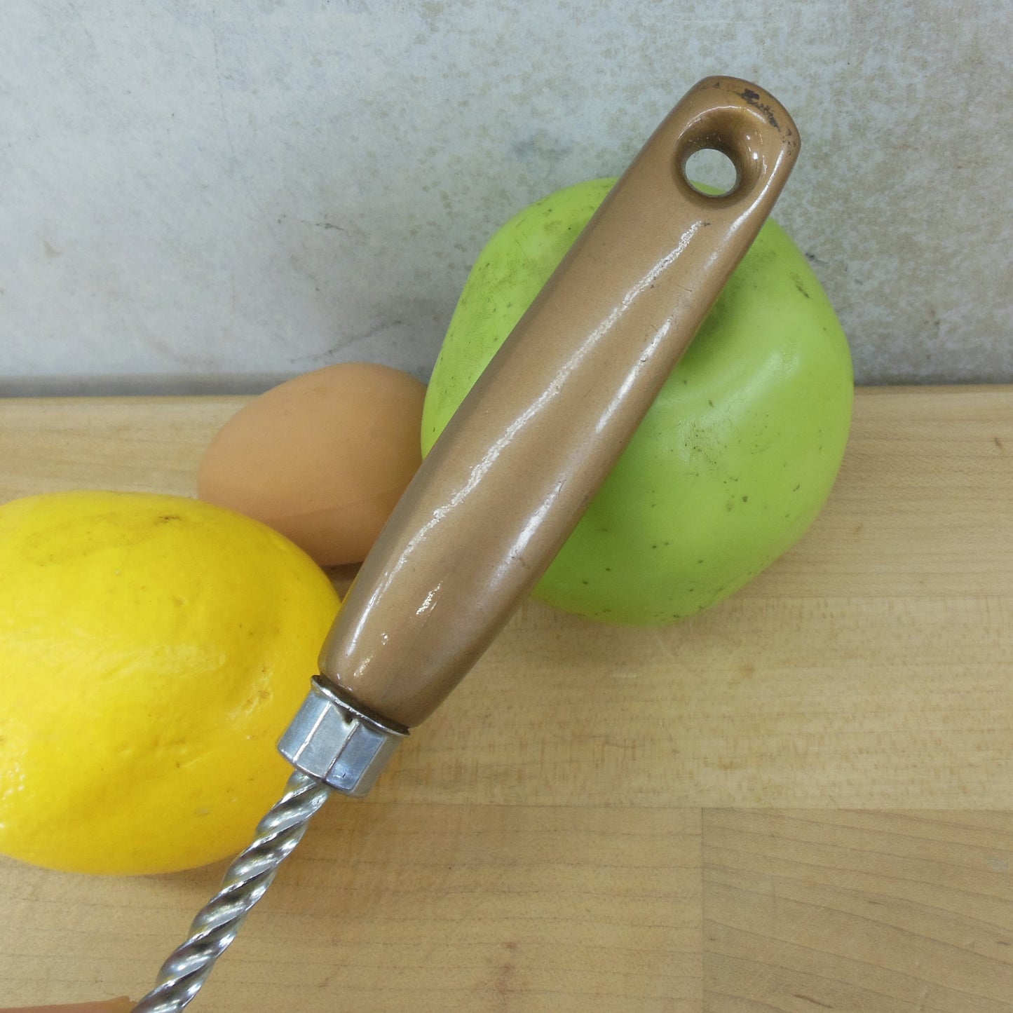 Ekco USA Spring Push Egg Beater Hand Mixer Stainless Gold Wood Used