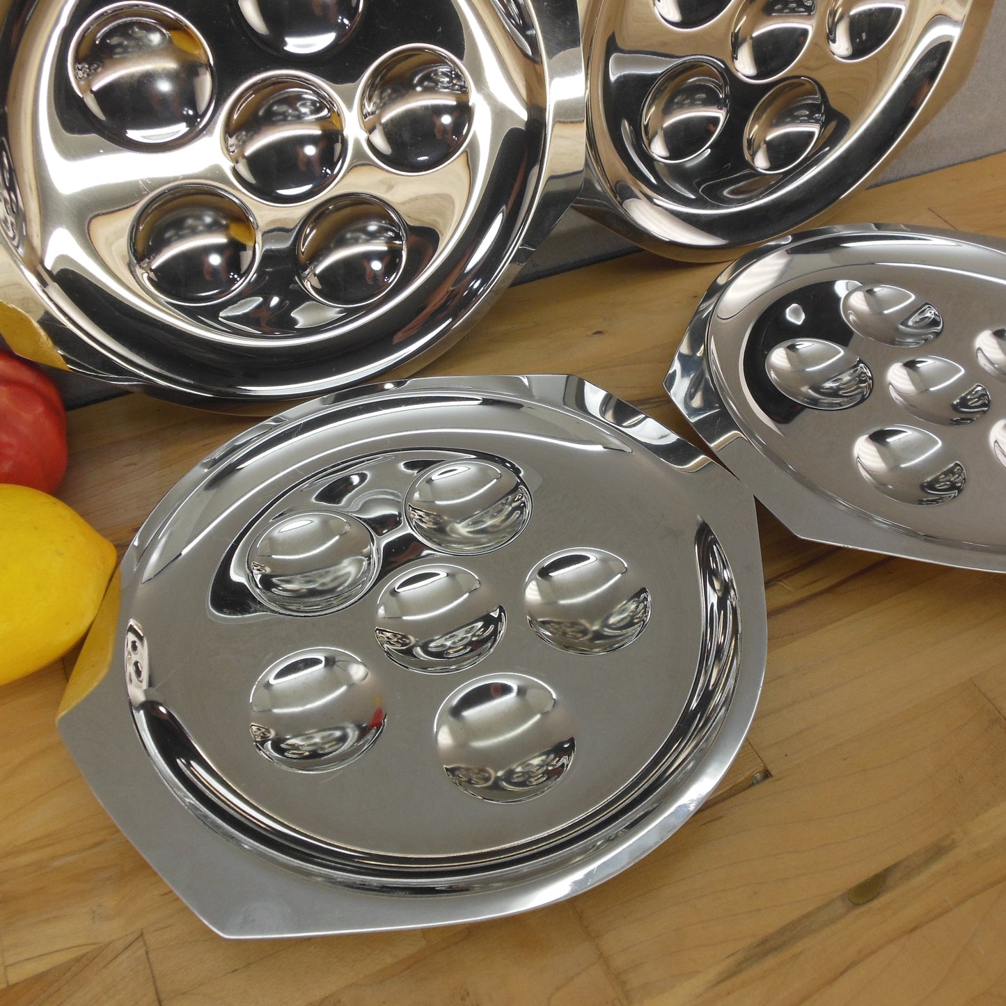 Meneses Spain Mirror Stainless Escargot Plates Pan 4 Set 5 Hole
