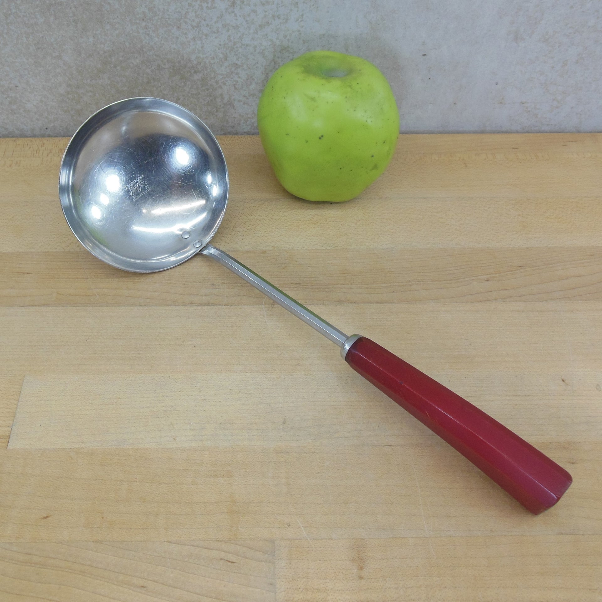 Kitchen Utensils by Corona, 2 Ladles soup and Canning and a Masher,  Stainless Steel Red Catalin Bakelite Handles Set of 3, All Included 