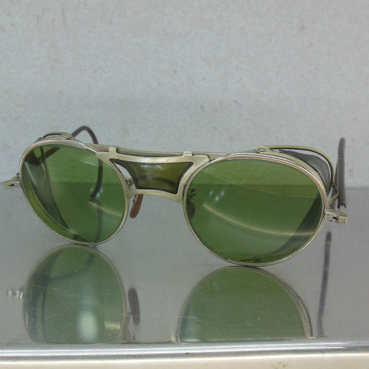 Bausch & Lomb 1940's Green Glass Safety Googles with Side Plastic Sunglasses