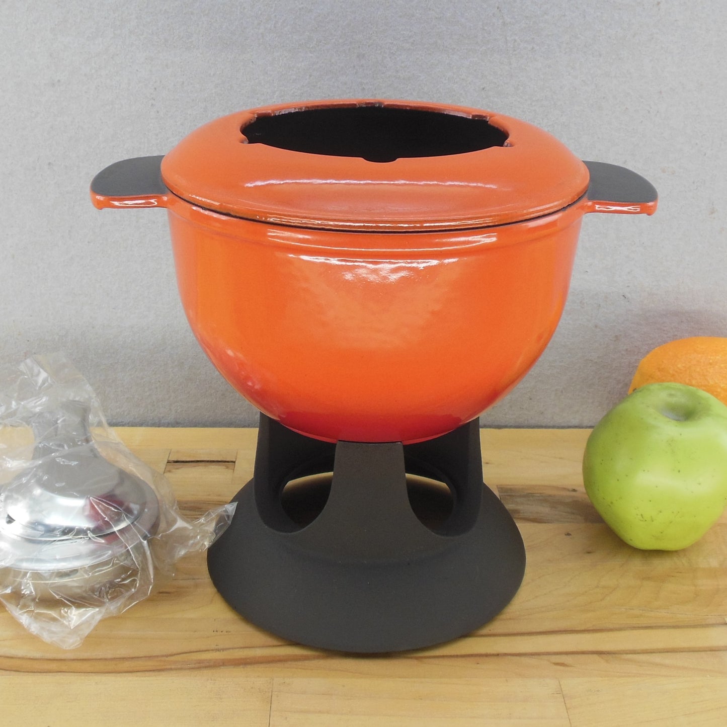 Ikea Senior France Flame Orange Cast Iron Fondue Pot Unused Set