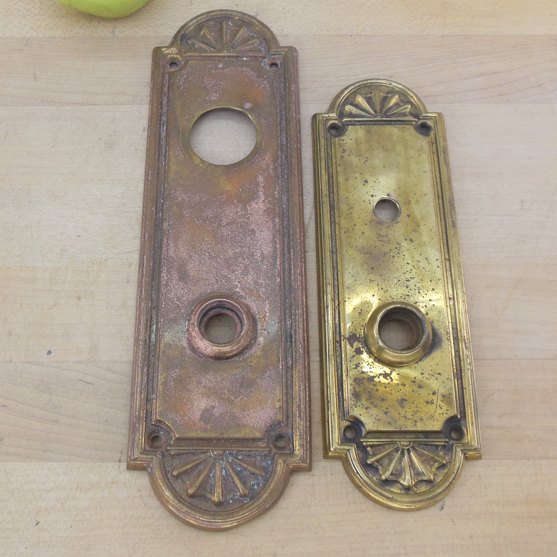 Antique Brass Unbranded Federal Fan Door Mortise Lockset Plates - Two Sizes