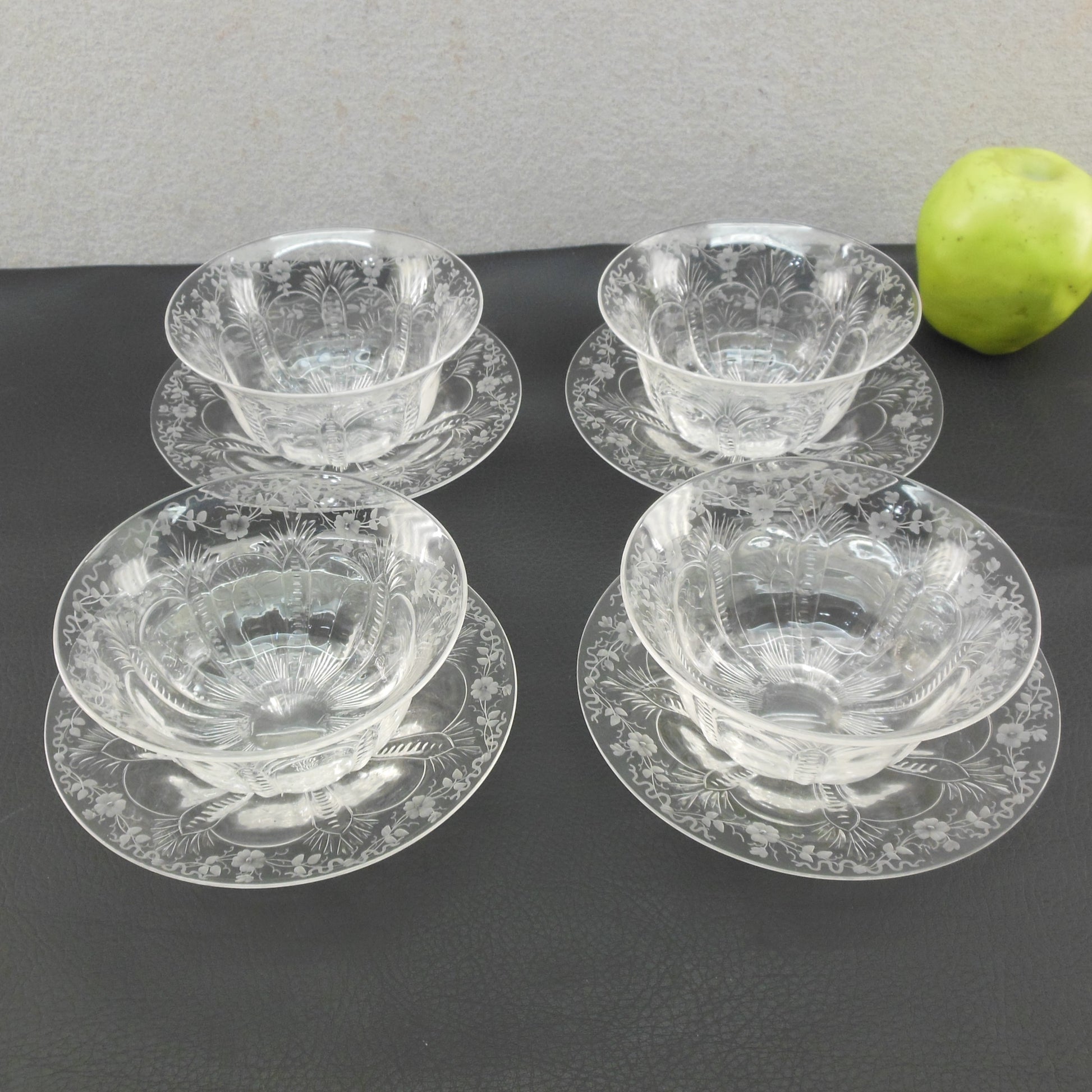 Thomas Webb Crystal Glass 4 Finger Bowls & Saucers Flower Ribbon