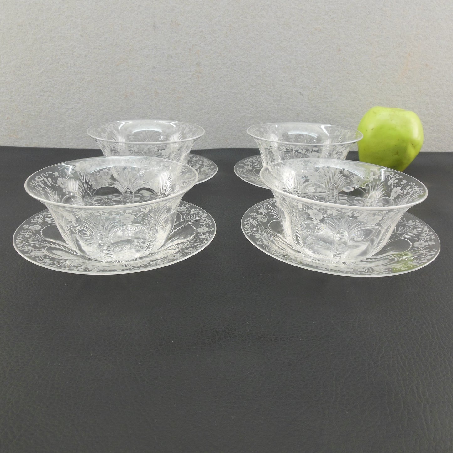 Thomas Webb Crystal Glass 4 Finger Bowls & Saucers Flower Ribbon Used