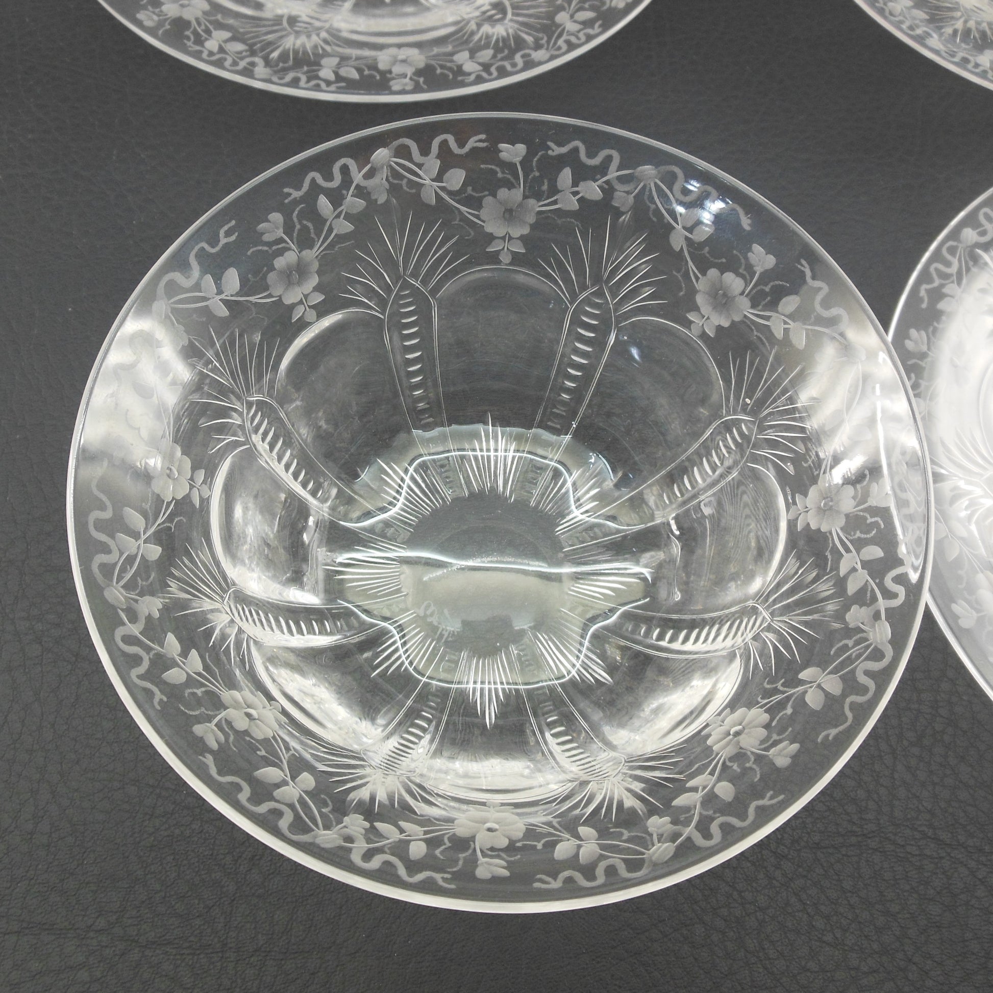 Thomas Webb Crystal Glass 4 Finger Bowls & Saucers Flower Ribbon Cut