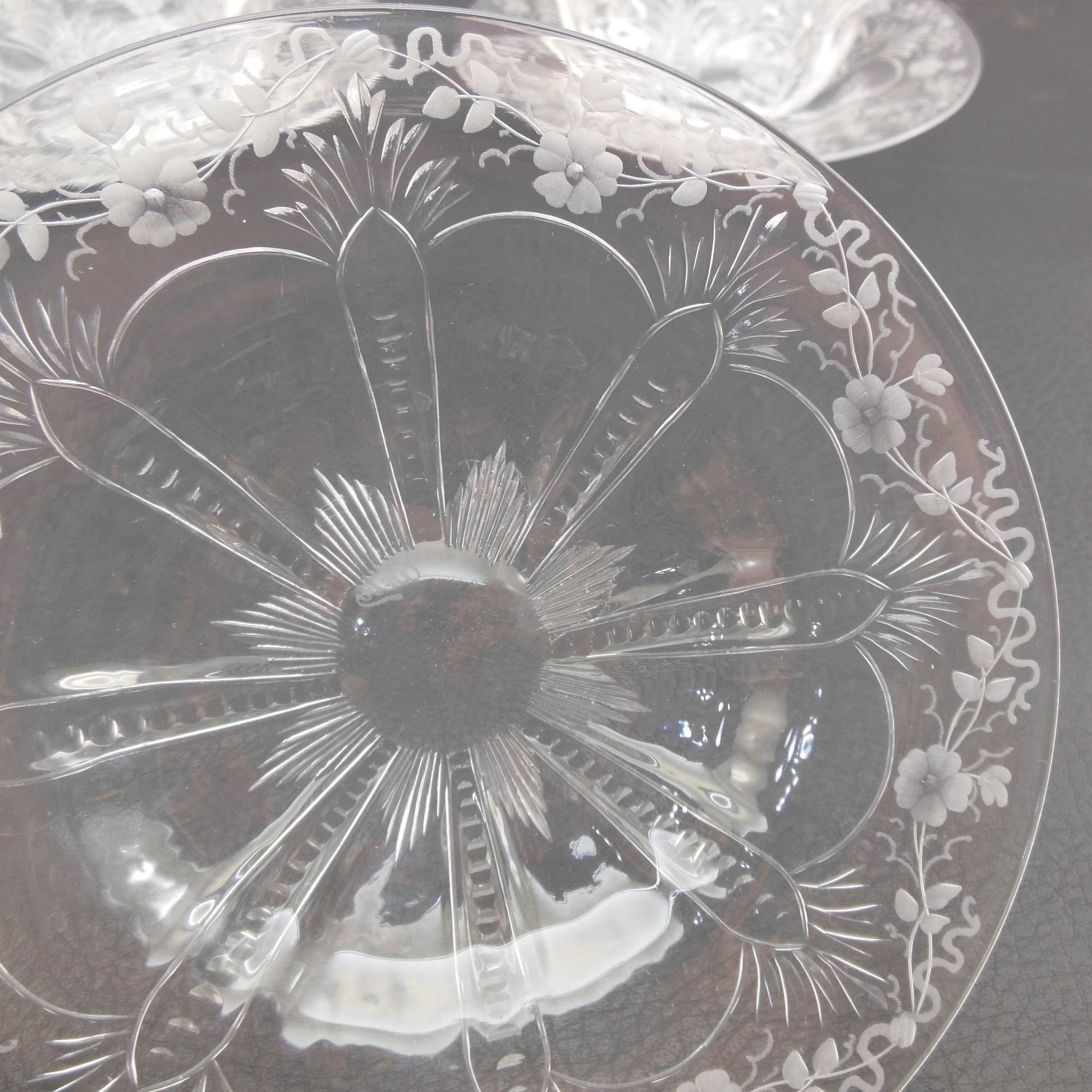 Thomas Webb Crystal Glass 4 Finger Bowls & Saucers Flower Ribbon Dots
