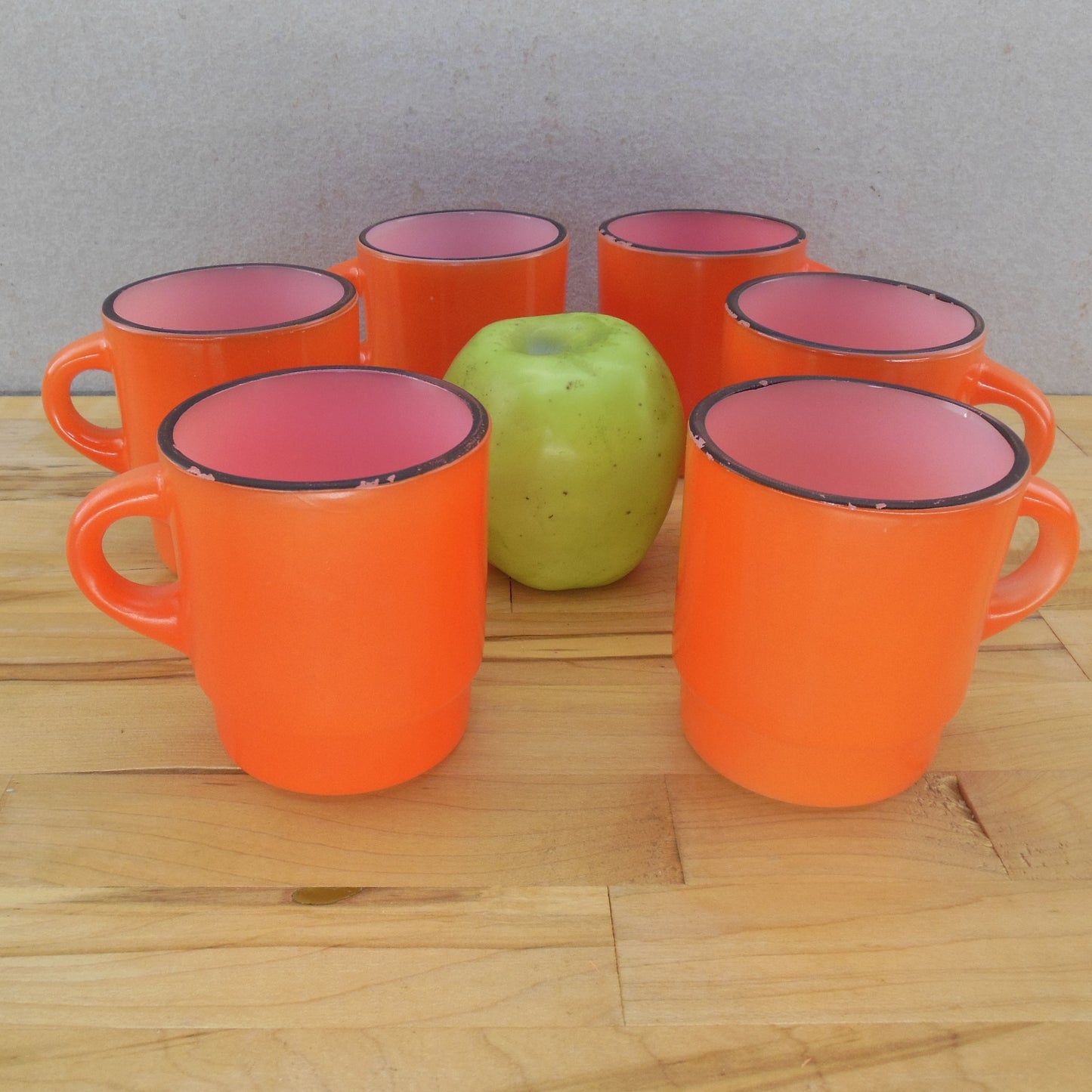 Fire King USA Stacking Mug 6 Lot Orange/Red Black Rim