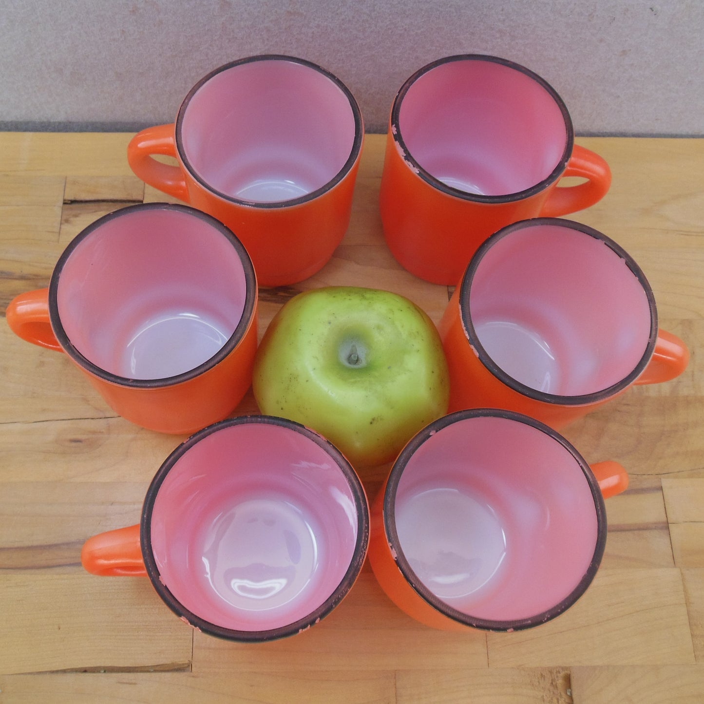 Fire King USA Stacking Mug 6 Lot Orange/Red Black Rim Vintage