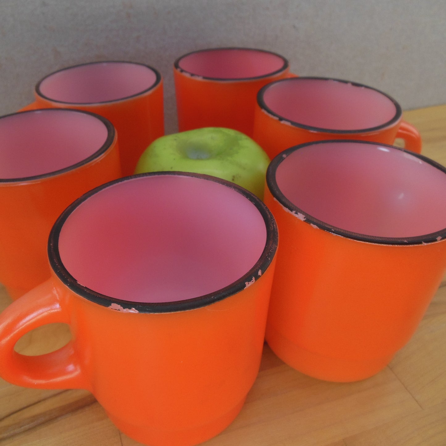 Fire King USA Stacking Mug 6 Lot Orange/Red Black Rim Used Rim Wear