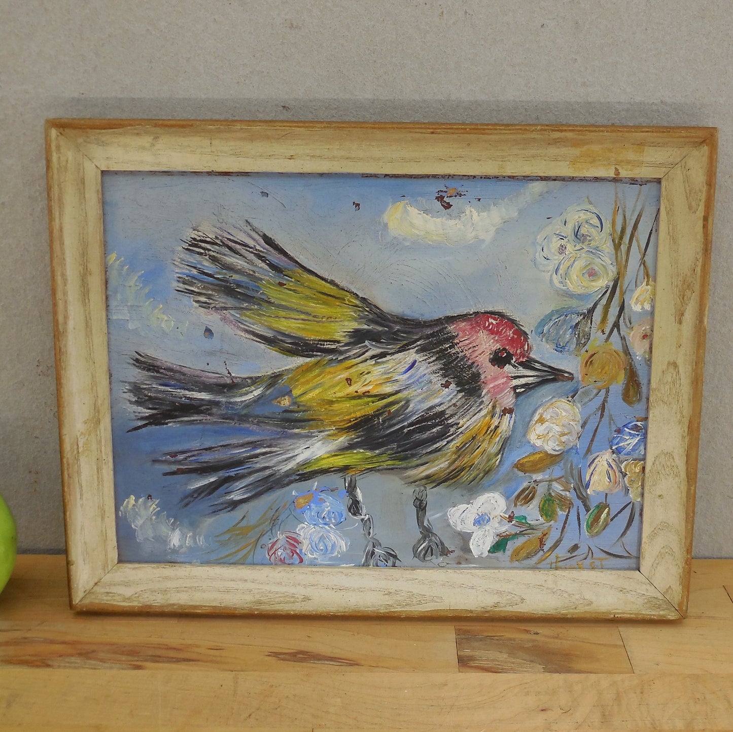 Signed 1950-60's Folk Art Oil Painting Bird Robin Flowers 9x12