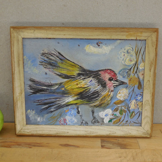 Signed 1950-60's Folk Art Oil Painting Bird Robin Flowers 9x12