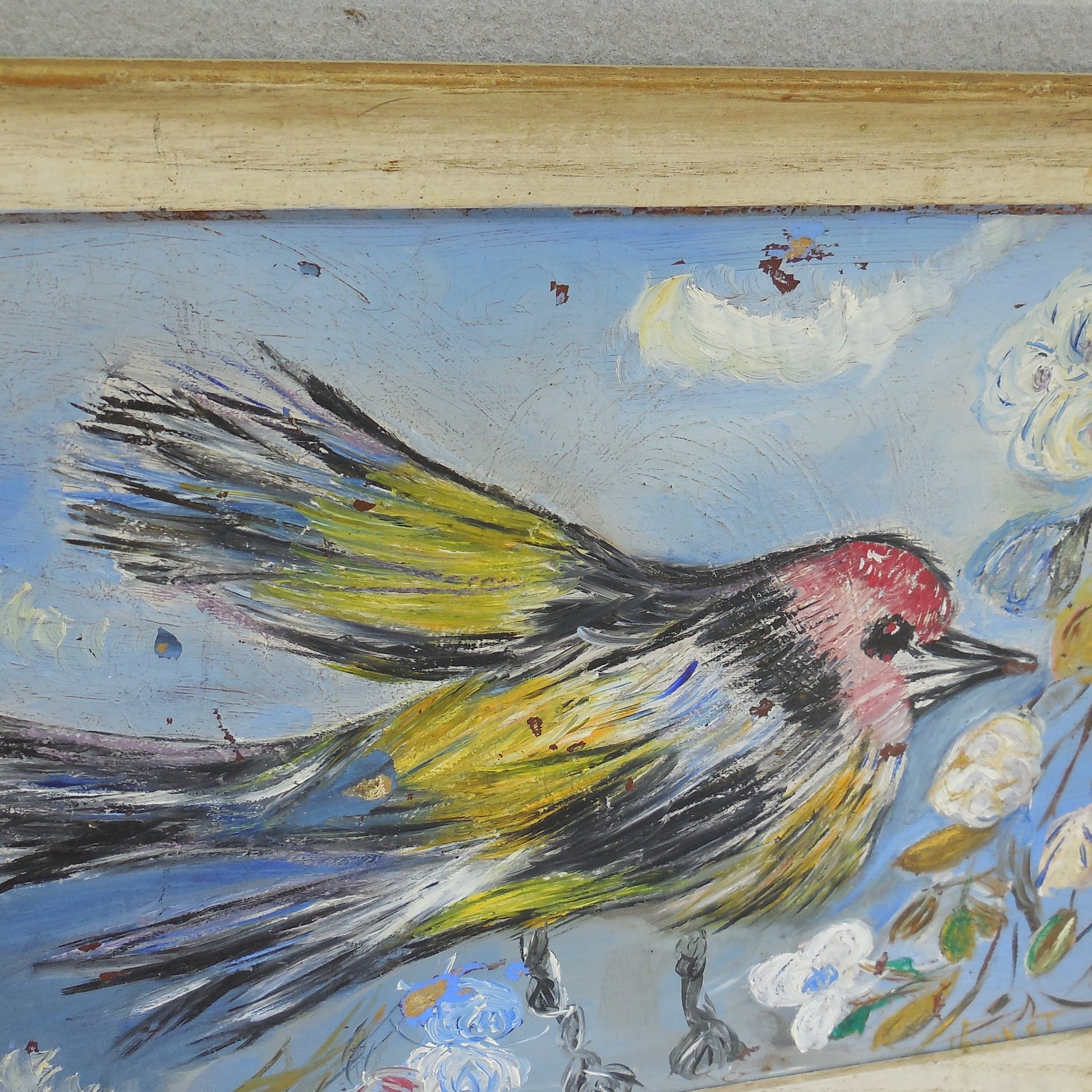 Signed 1950-60's Folk Art Oil Painting Bird Robin Flowers 9x12 Red Yellow Blue