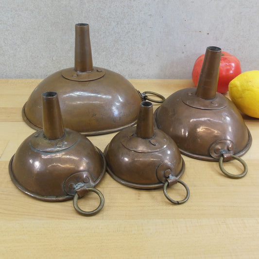 Antique Tinned Copper Oval Nesting Funnels 4 Set Brass Ring