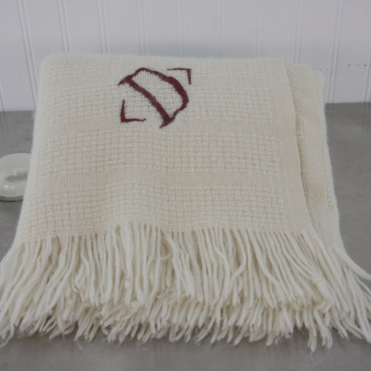 Vintage Faribo Wool Blend Ivory Color Throw Monogram "D" 46 X 50