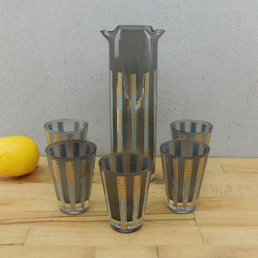 Georges Briard Smoked Glass Cocktail Pitcher Set 22K Gold Aqua Geometric