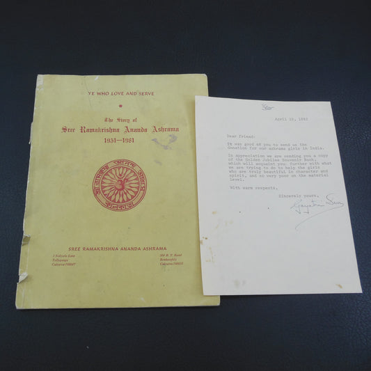 The Story of Sree Ramakrishna Ananda Ashrama 1931-1981 Book - Gayatri Devi Signed Letter