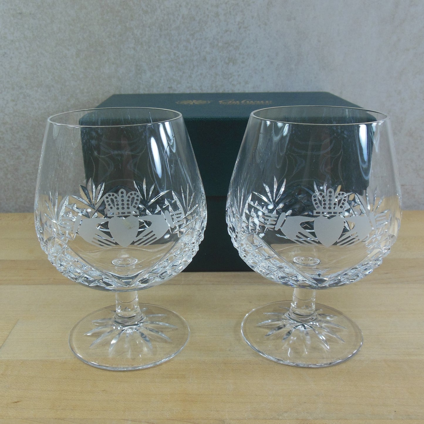 Galway Irish Crystal Claddagh Brandy Snifters Boxed Heart Hands Crown