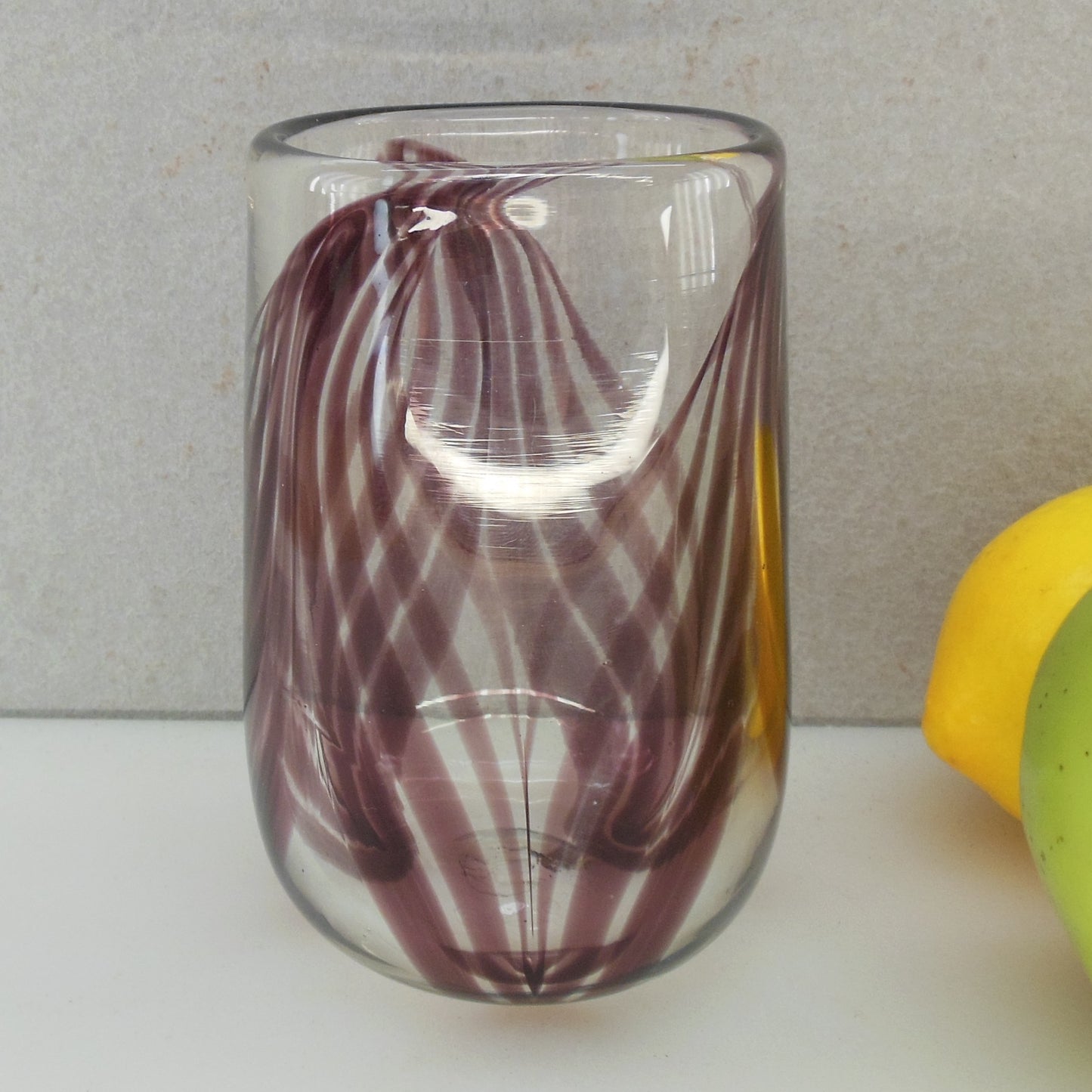 Signed EAG 1977 Art Glass Tumbler Vase Pulled Purple Feathers