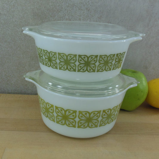 Pyrex Glass USA Casserole Dishes Square Flower Verde Green 472 473