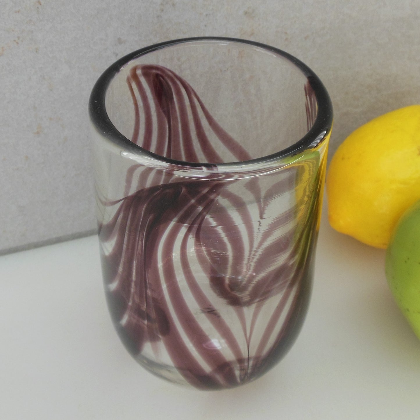 Signed EAG 1977 Art Glass Tumbler Vase Pulled Purple Feathers Vintage