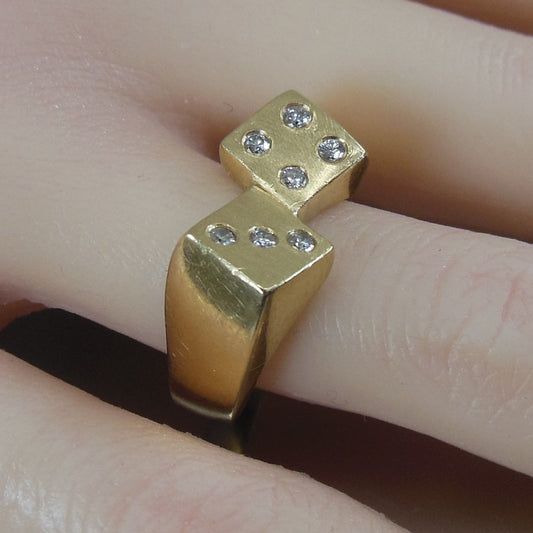 Lucky 7 Diamond 14K Yellow Gold Dice Ring Craps Pinky Size 6