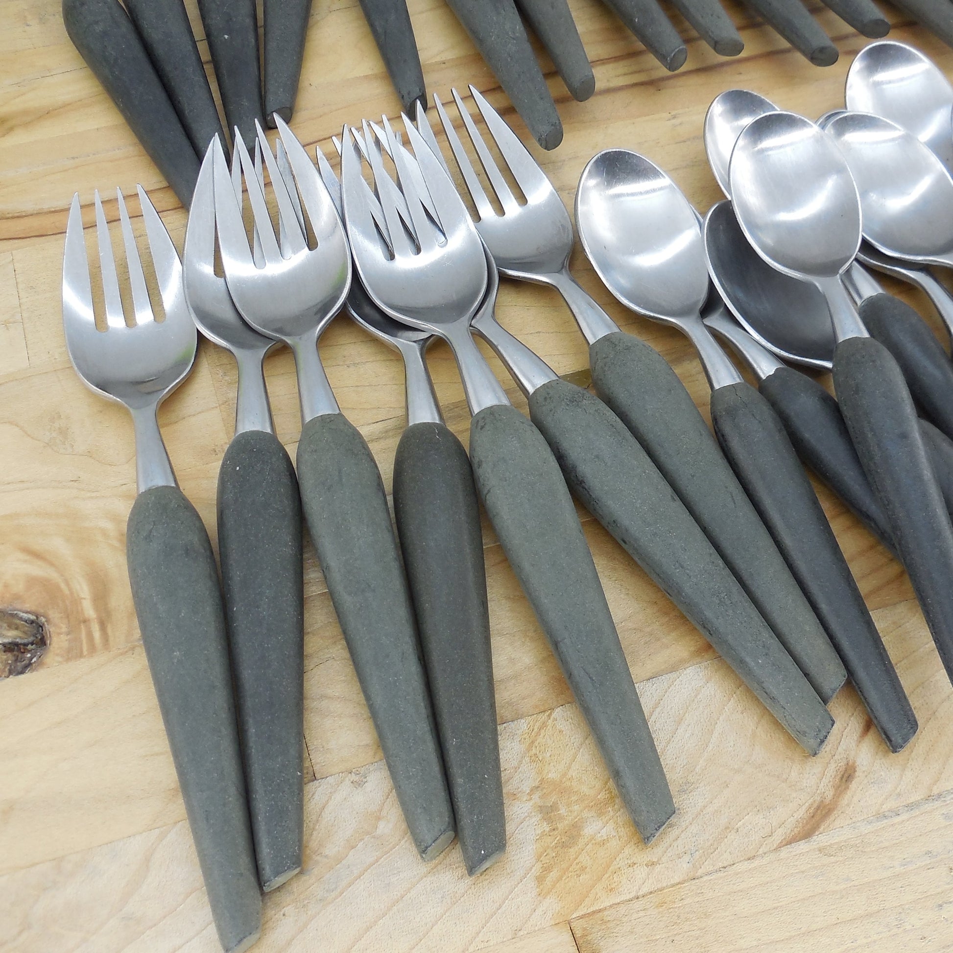 Grenadier Japan Forged Stainless Black Handle Flatware 48 Pc. Lot Vintage