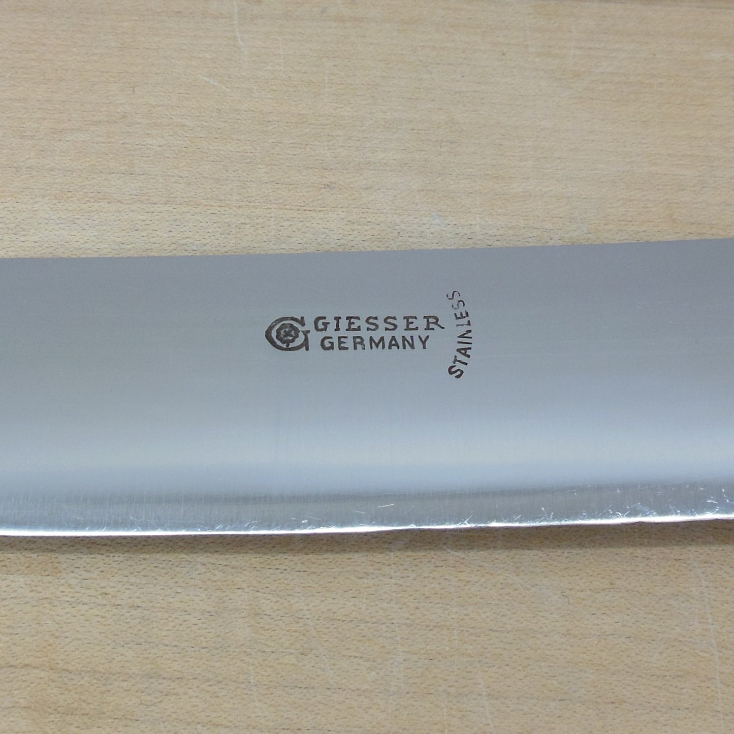 Giesser Germany 12" Stainless Scimitar Butcher Knife Wood Handle maker mark logo