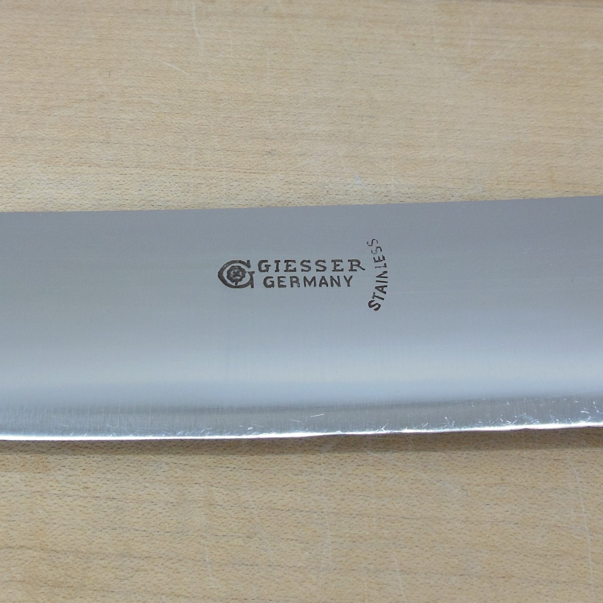 Giesser Germany 12" Stainless Scimitar Butcher Knife Wood Handle maker mark logo