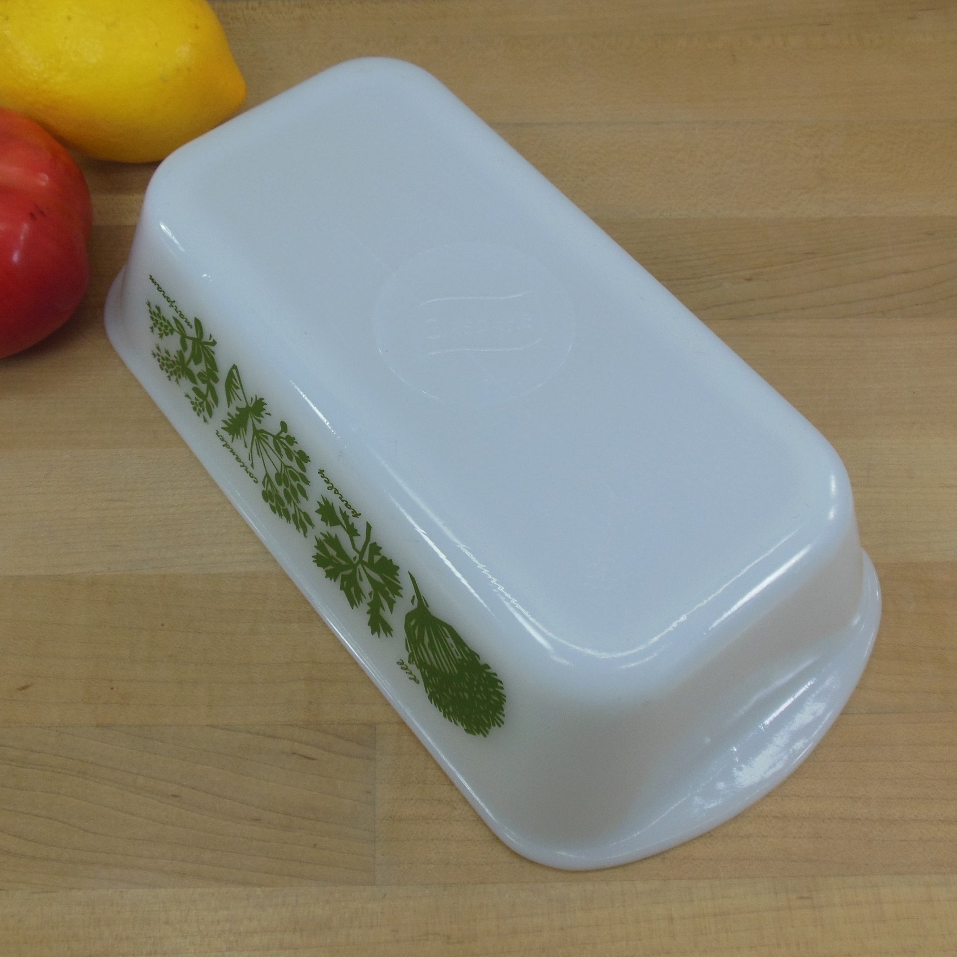 Glasbake USA Green Herbs Meat Loaf Bread Pan Dish Green White used