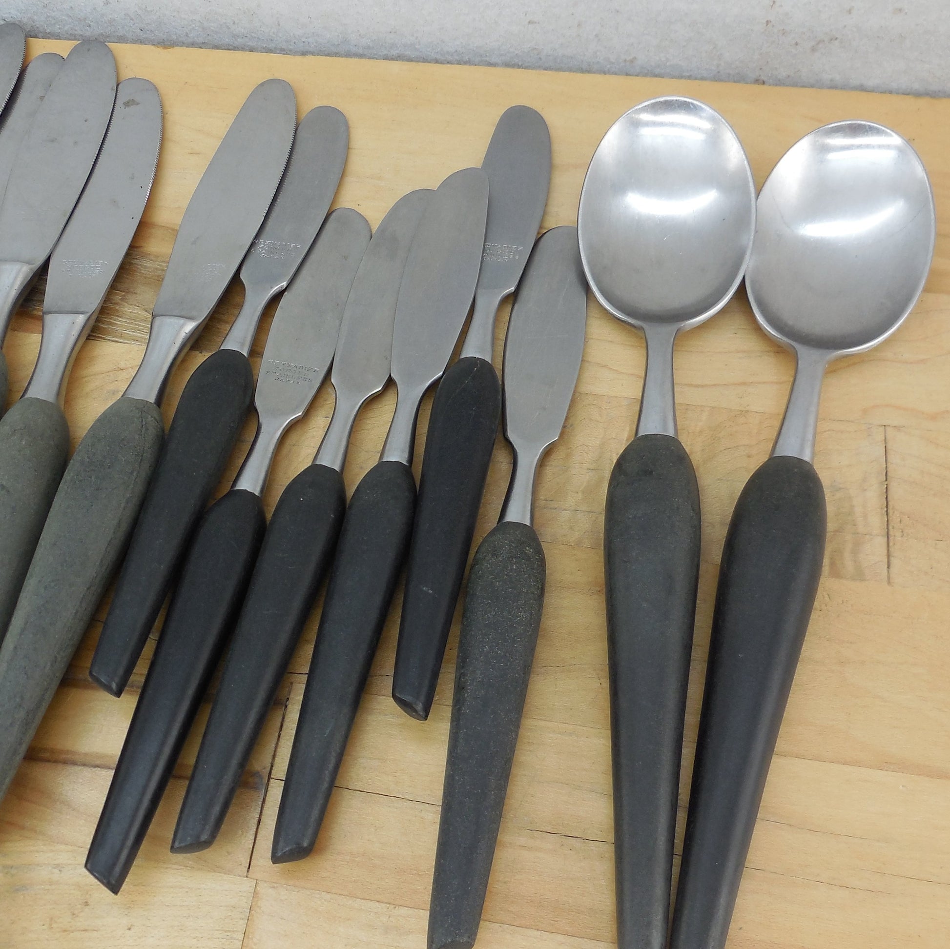 Grenadier Japan Forged Stainless Black Handle Flatware 48 Pc. Lot Spoon Fork Knife